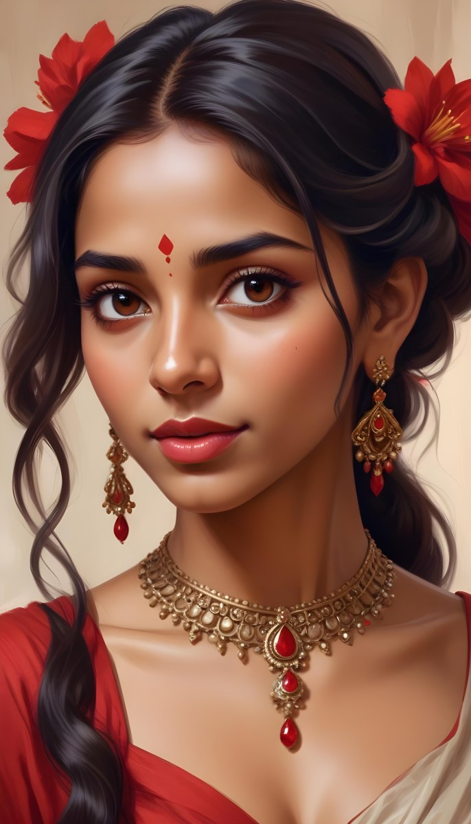 Digital Painting Young South Asian Woman With Medium Brown Skin And Long Dark Wavy Hair Adorned With A Red Flower She Has Large Expressive Brown Eyes And Is Wearing Traditional Jewelry Including A Necklace And Earr 57 7e8a