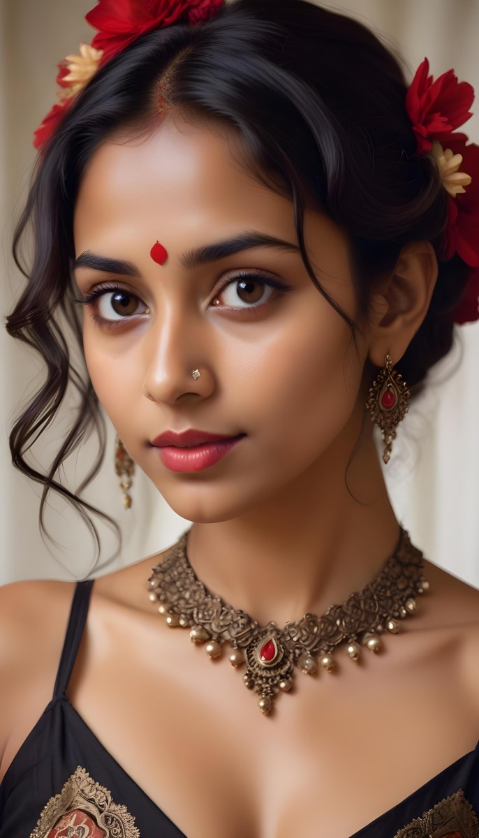Digital Painting Young South Asian Woman With Medium Brown Skin And Long Dark Wavy Hair Adorned With A Red Flower She Has Large Expressive Brown Eyes And Is Wearing Traditional Jewelry Including A Necklace And Earr 6 1891
