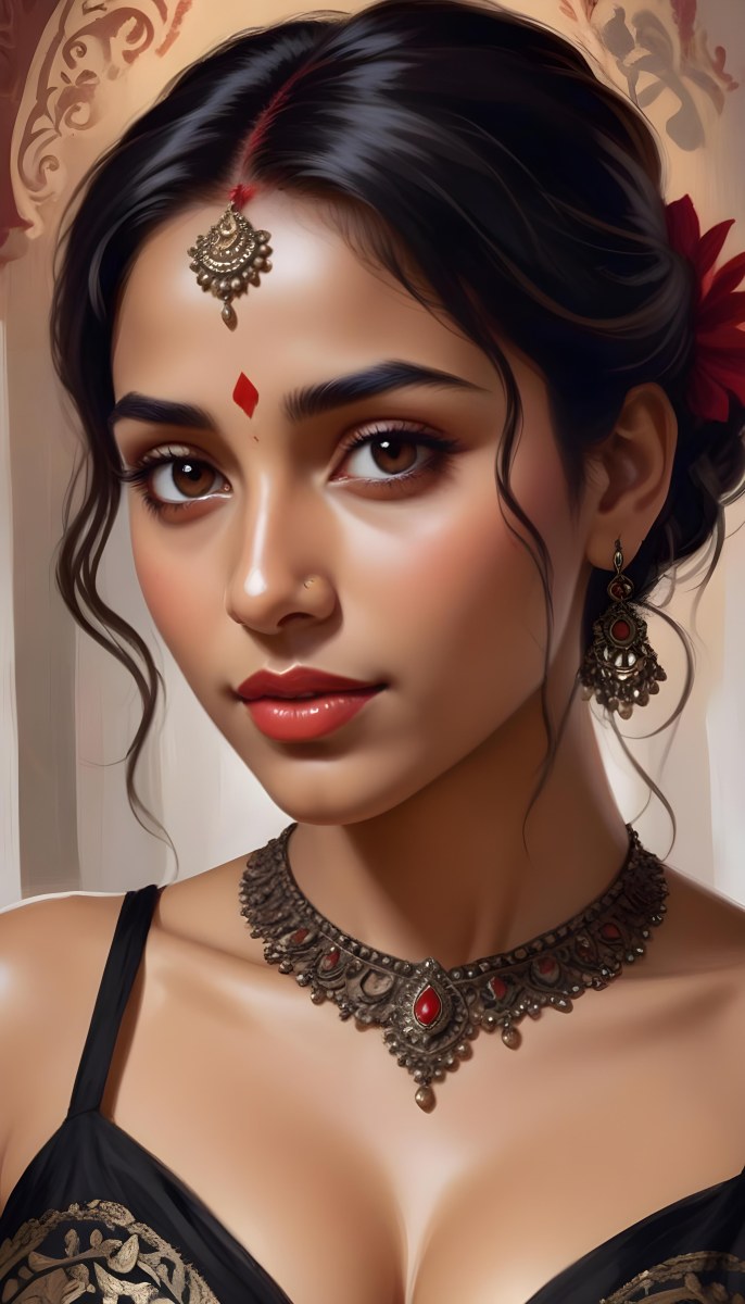 Digital Painting Young South Asian Woman With Medium Brown Skin And Long Dark Wavy Hair Adorned With A Red Flower She Has Large Expressive Brown Eyes And Is Wearing Traditional Jewelry Including A Necklace And Earr 7 Dd58