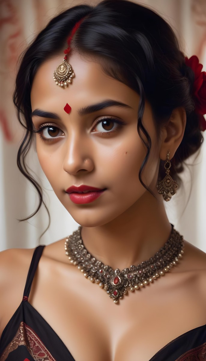 Digital Painting Young South Asian Woman With Medium Brown Skin And Long Dark Wavy Hair Adorned With A Red Flower She Has Large Expressive Brown Eyes And Is Wearing Traditional Jewelry Including A Necklace And Earr 8 A320