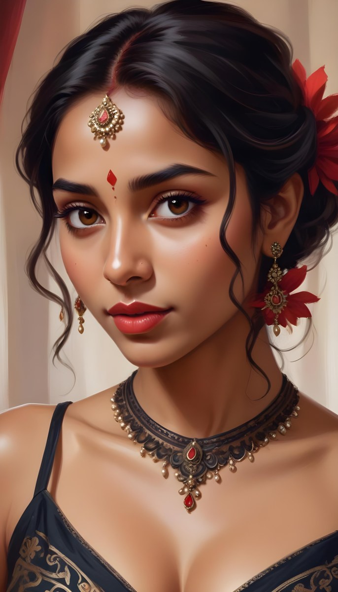 Digital Painting Young South Asian Woman With Medium Brown Skin And Long Dark Wavy Hair Adorned With A Red Flower She Has Large Expressive Brown Eyes And Is Wearing Traditional Jewelry Including A Necklace And Earr 9 4787
