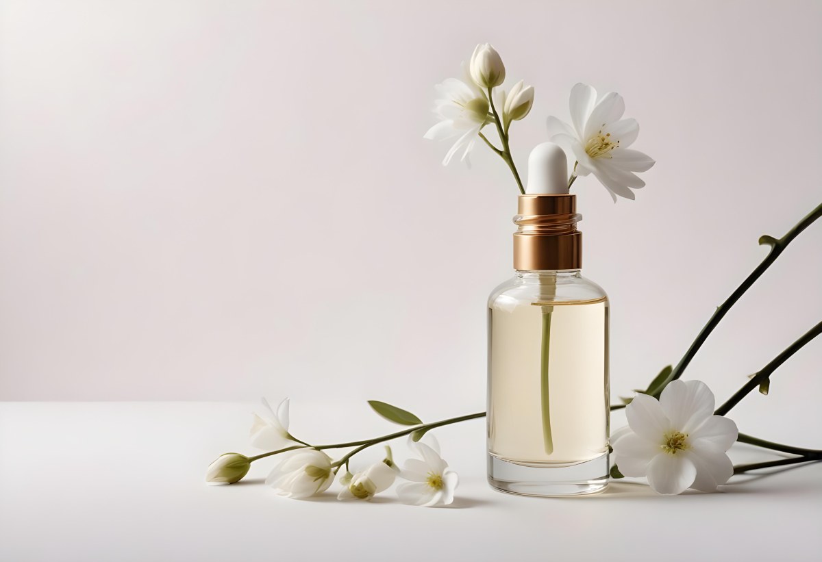 Glass Bottle With Dropper And White Flowers On A White Background Showcasing Beauty Product Minimalist Composition Soft Lighting Clean Aesthetic Cosmetic Presentation Elegant Design 1 5c17