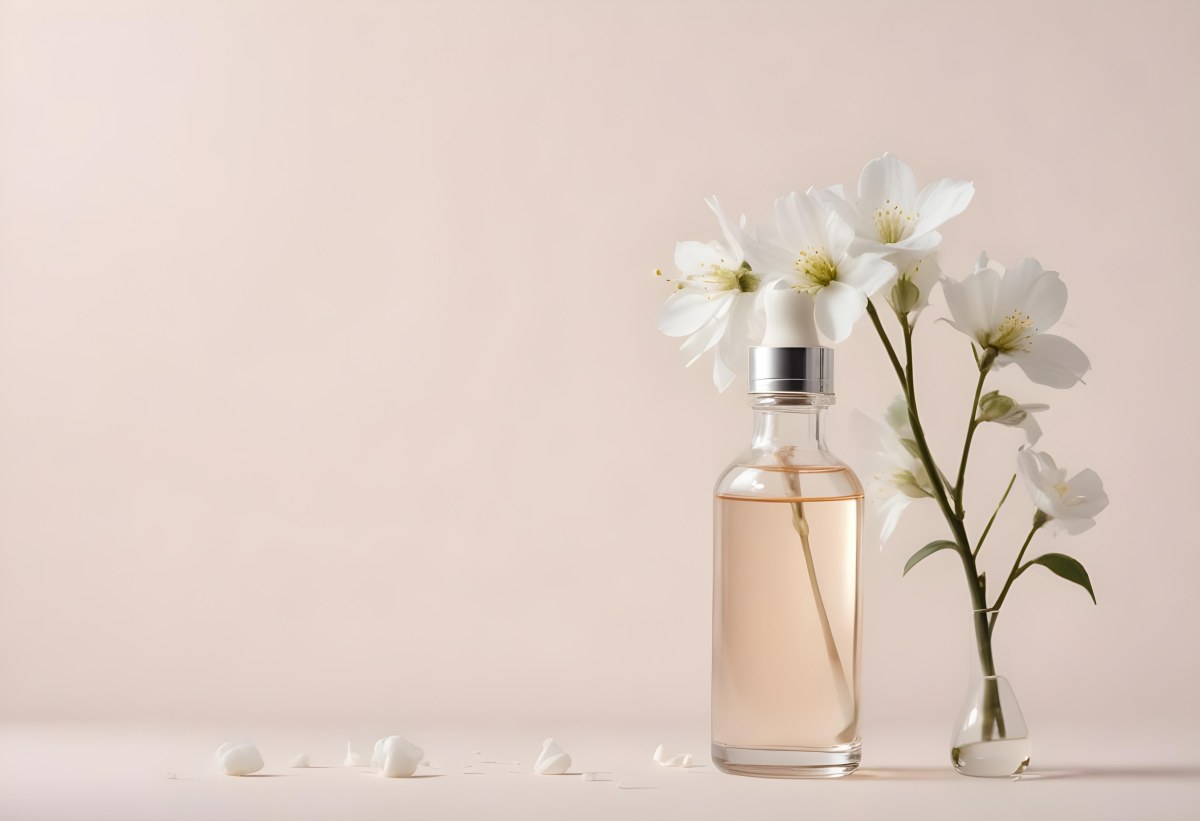 Glass Bottle With Dropper And White Flowers On A White Background Showcasing Beauty Product Minimalist Composition Soft Lighting Clean Aesthetic Cosmetic Presentation Elegant Design 13 0dd5