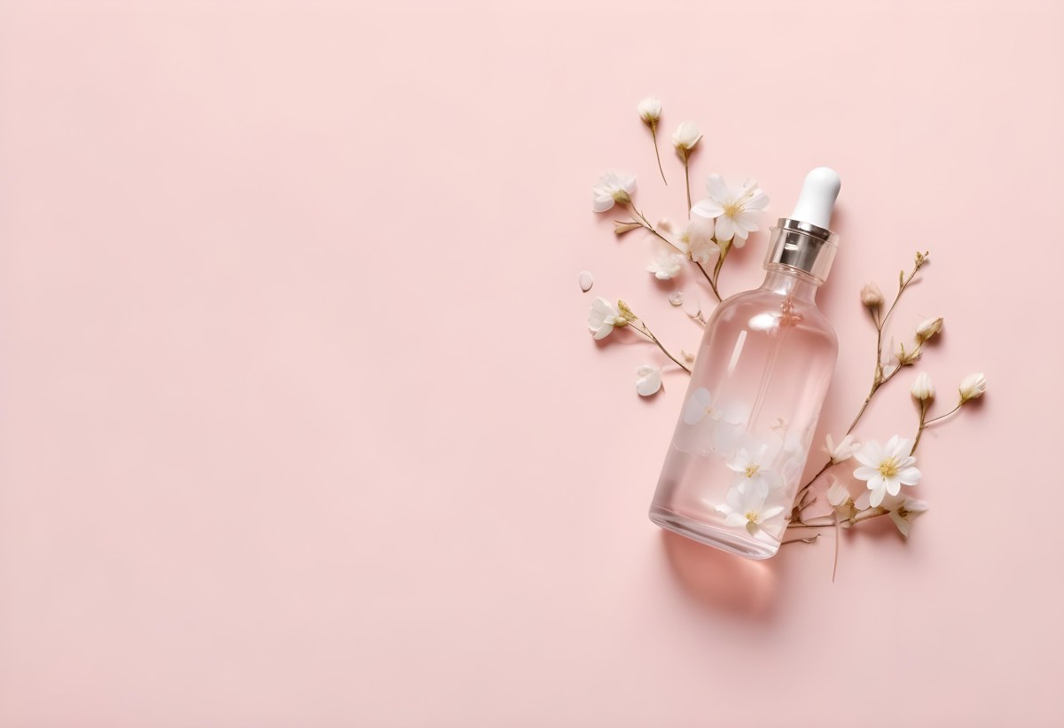 Glass Bottle With Dropper And White Flowers On A White Background Showcasing Beauty Product Minimalist Composition Soft Lighting Clean Aesthetic Cosmetic Presentation Elegant Design 30 Bd18