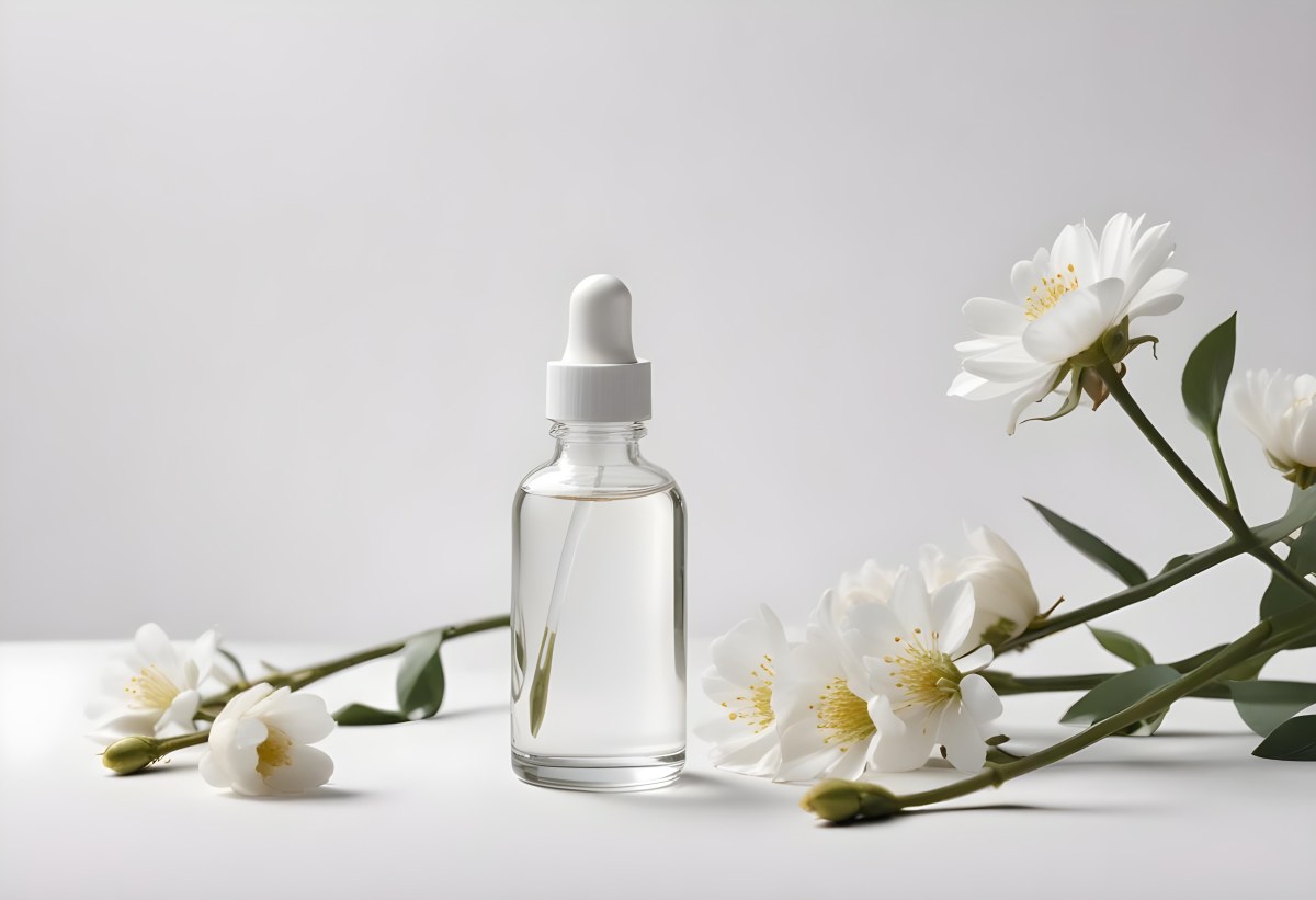 Glass Bottle With Dropper And White Flowers On A White Background Showcasing Beauty Product Minimalist Composition Soft Lighting Clean Aesthetic Cosmetic Presentation Elegant Design 31 5258