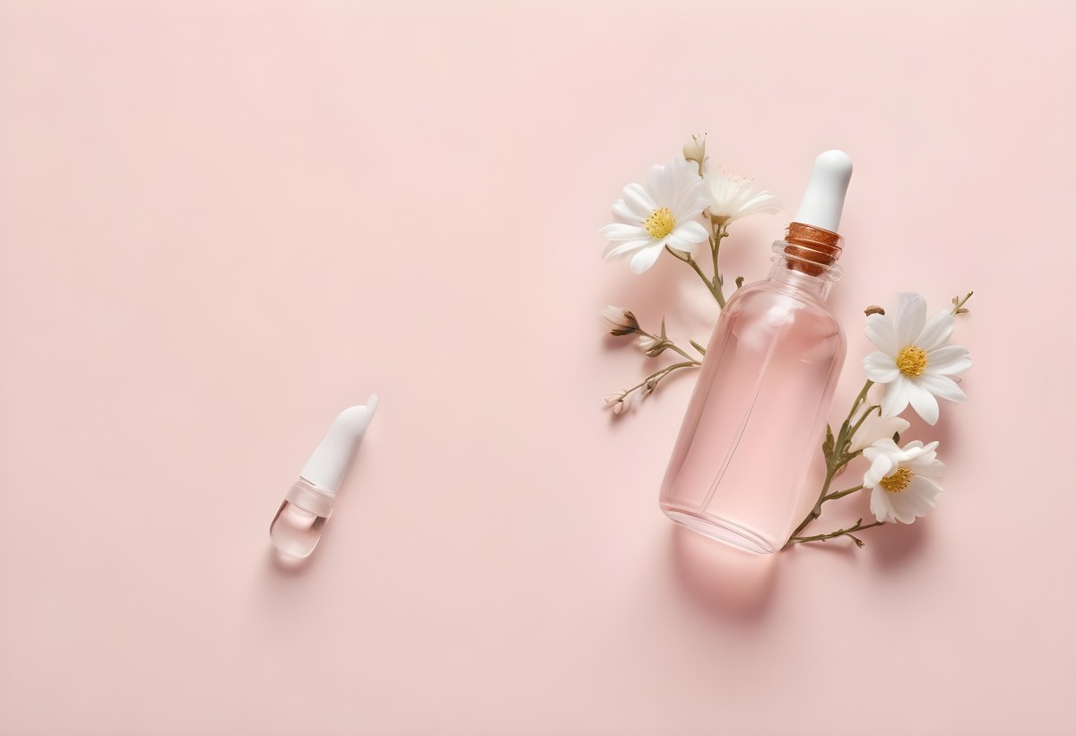 Glass Bottle With Dropper And White Flowers On A White Background Showcasing Beauty Product Minimalist Composition Soft Lighting Clean Aesthetic Cosmetic Presentation Elegant Design 4 6cca