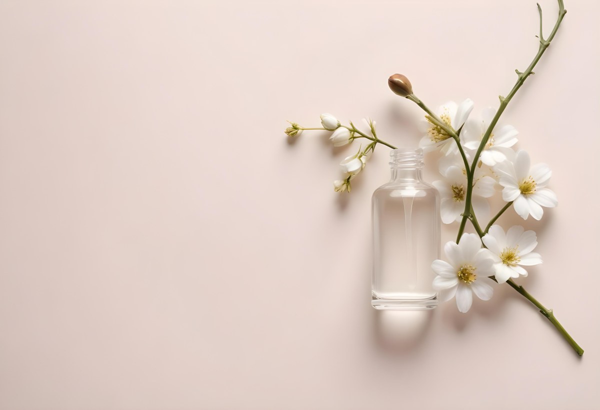 Glass Bottle With Dropper And White Flowers On A White Background Showcasing Beauty Product Minimalist Composition Soft Lighting Clean Aesthetic Cosmetic Presentation Elegant Design 43 97cd