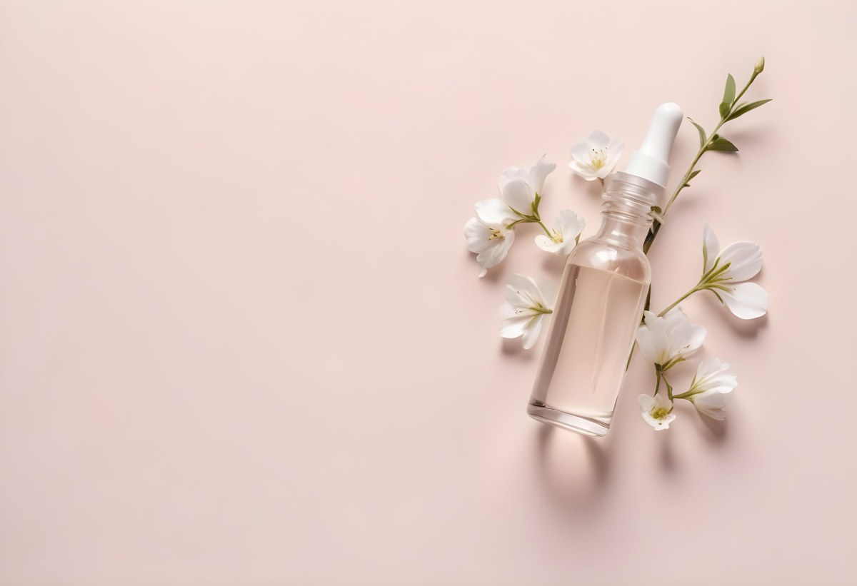 Glass Bottle With Dropper And White Flowers On A White Background Showcasing Beauty Product Minimalist Composition Soft Lighting Clean Aesthetic Cosmetic Presentation Elegant Design 52 Fb55