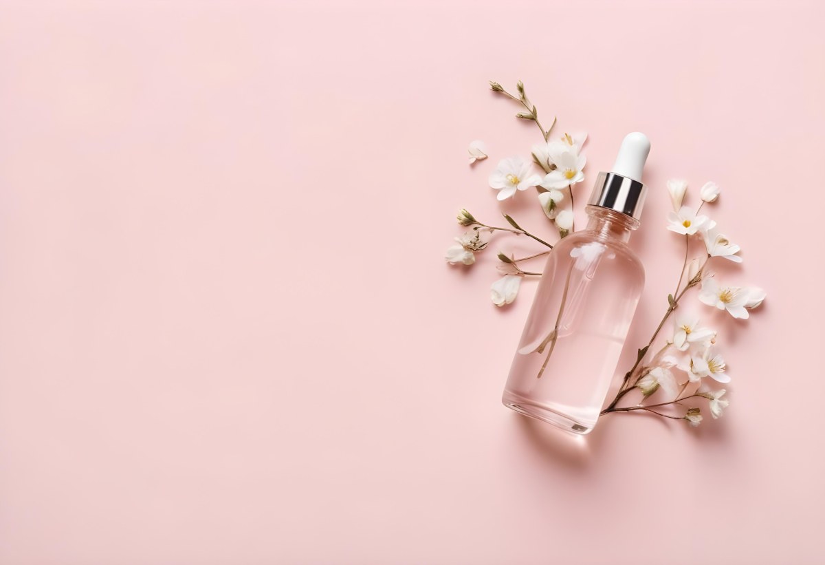 Glass Bottle With Dropper And White Flowers On A White Background Showcasing Beauty Product Minimalist Composition Soft Lighting Clean Aesthetic Cosmetic Presentation Elegant Design 54 C38f
