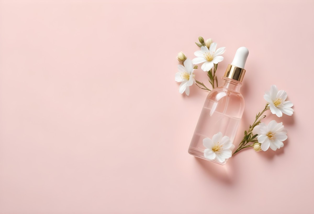 Glass Bottle With Dropper And White Flowers On A White Background Showcasing Beauty Product Minimalist Composition Soft Lighting Clean Aesthetic Cosmetic Presentation Elegant Design 55 C595