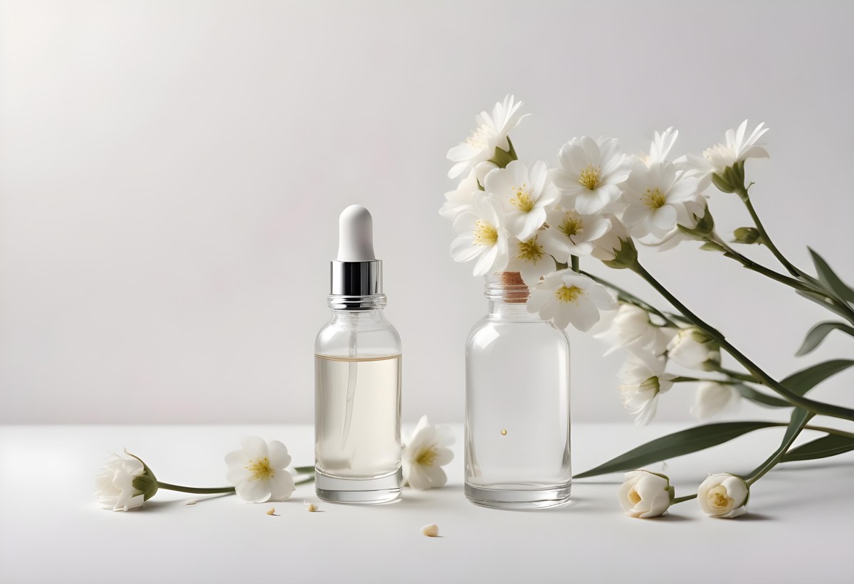 Glass Bottle With Dropper And White Flowers On A White Background Showcasing Beauty Product Minimalist Composition Soft Lighting Clean Aesthetic Cosmetic Presentation Elegant Design 7 Bb9d