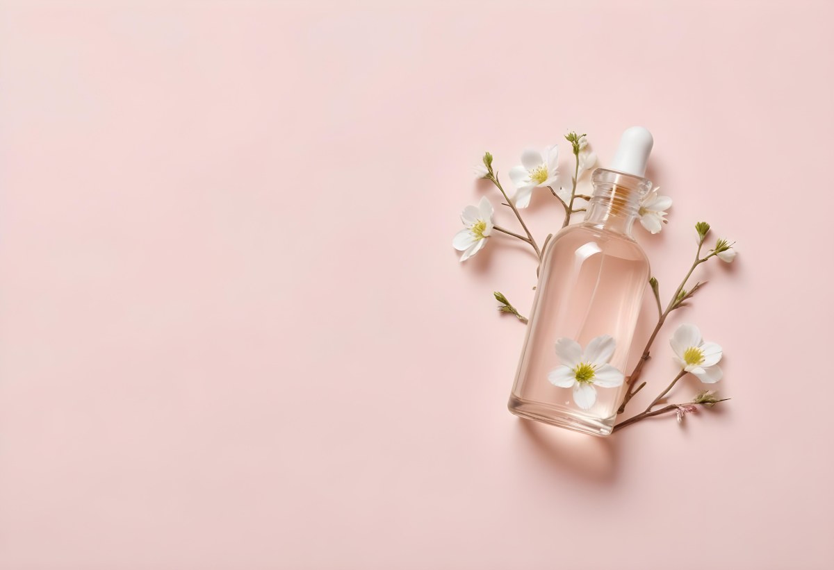 Glass Bottle With Dropper And White Flowers On A White Background Showcasing Beauty Product Minimalist Composition Soft Lighting Clean Aesthetic Cosmetic Presentation Elegant Design 8 079a
