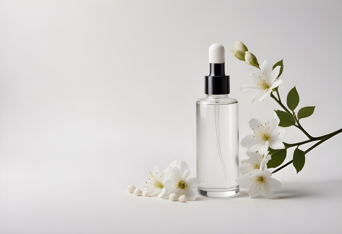 Glass Bottle With Dropper And White Flowers On A White Background Showcasing Beauty Product Minimalist Composition Soft Lighting Clean Aesthetic Cosmetic Presentation Elegant Design 9 B778