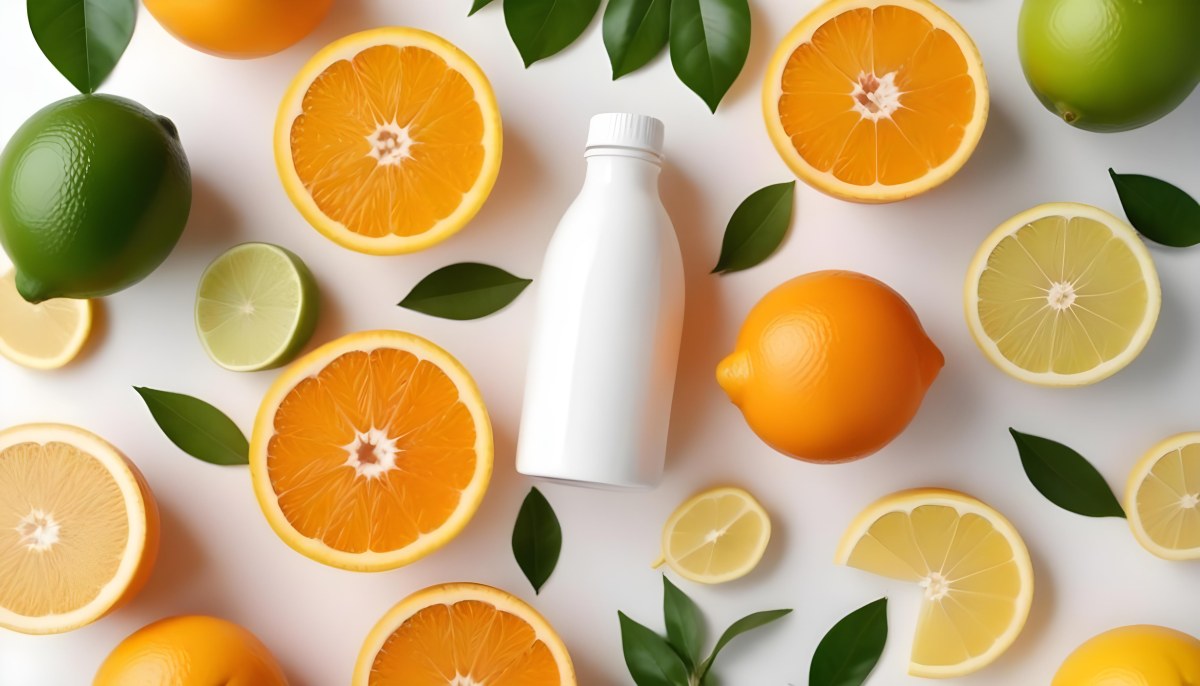 Halved Oranges And Lemons With Green Leaves A White Bottle And Other Citrus Fruits On A Light Background 11