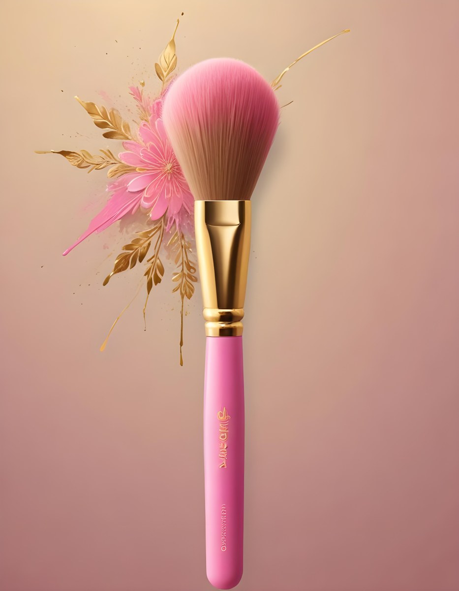 Makeup Brush With Golden Bristles Pink Ring And A Golden Handle With Golden Floral Patterns Isolated On A Golden Background 31 E55d
