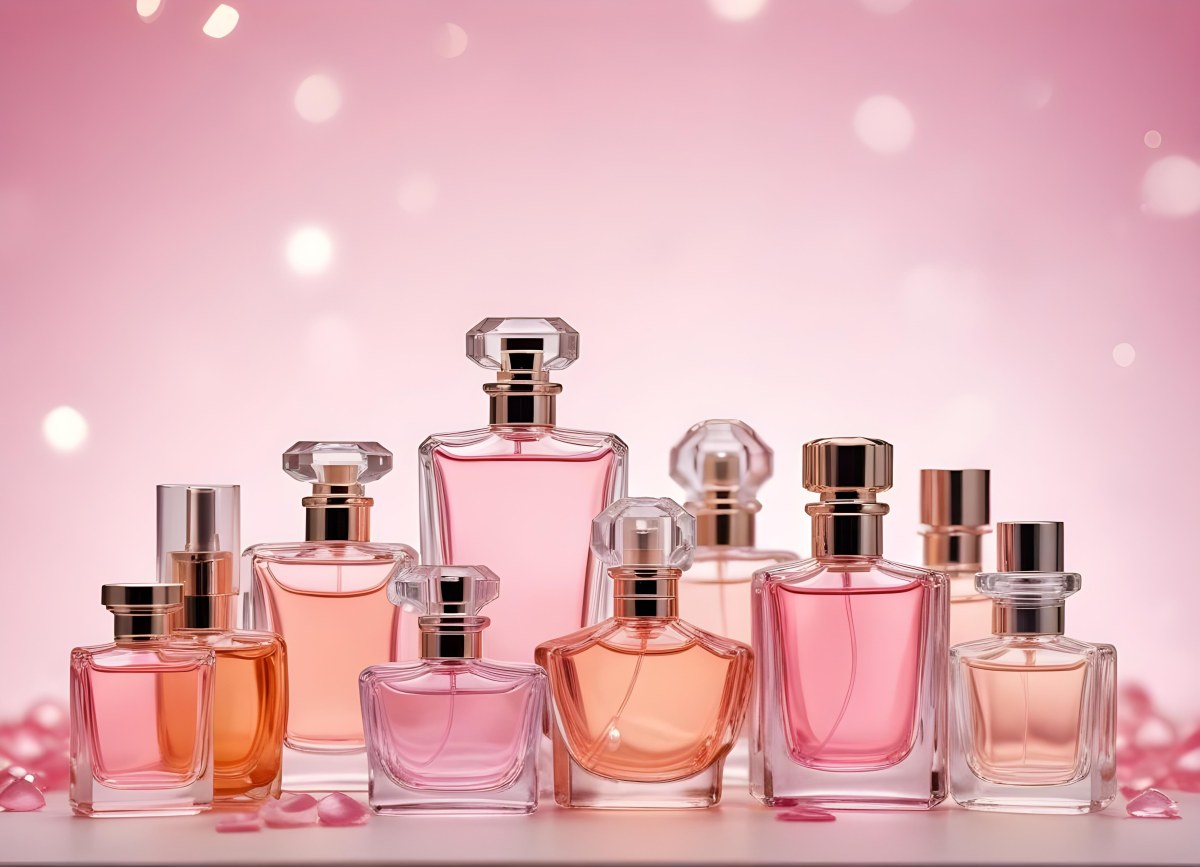 Many Perfume Bottles Of Different Shapes And Colors In A Studio With A Pink And White Bokeh Background 1 712d