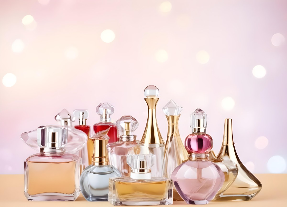Many Perfume Bottles Of Different Shapes And Colors In A Studio With A Pink And White Bokeh Background 10 0fa0