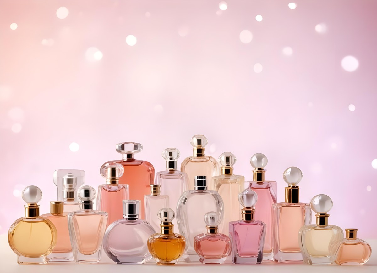 Many Perfume Bottles Of Different Shapes And Colors In A Studio With A Pink And White Bokeh Background 21 B6ac
