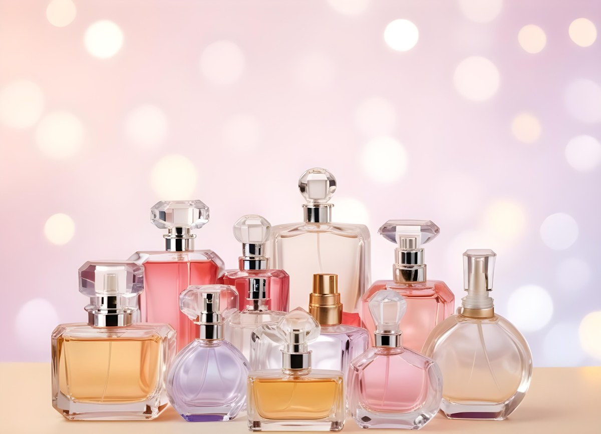 Many Perfume Bottles Of Different Shapes And Colors In A Studio With A Pink And White Bokeh Background 25 088e
