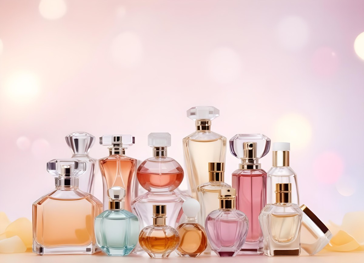 Many Perfume Bottles Of Different Shapes And Colors In A Studio With A Pink And White Bokeh Background 30 62a0