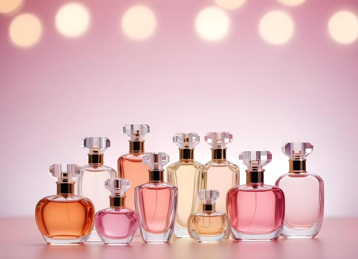 Many Perfume Bottles Of Different Shapes And Colors In A Studio With A Pink And White Bokeh Background 31 51fc
