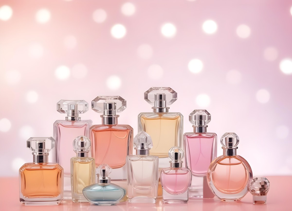 Many Perfume Bottles Of Different Shapes And Colors In A Studio With A Pink And White Bokeh Background 32 5ace