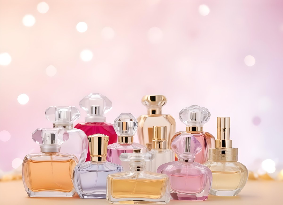 Many Perfume Bottles Of Different Shapes And Colors In A Studio With A Pink And White Bokeh Background 35 C96b