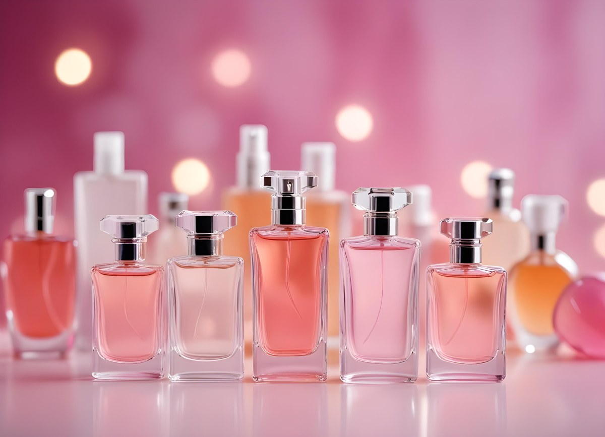 Many Perfume Bottles Of Different Shapes And Colors In A Studio With A Pink And White Bokeh Background 5 6d40