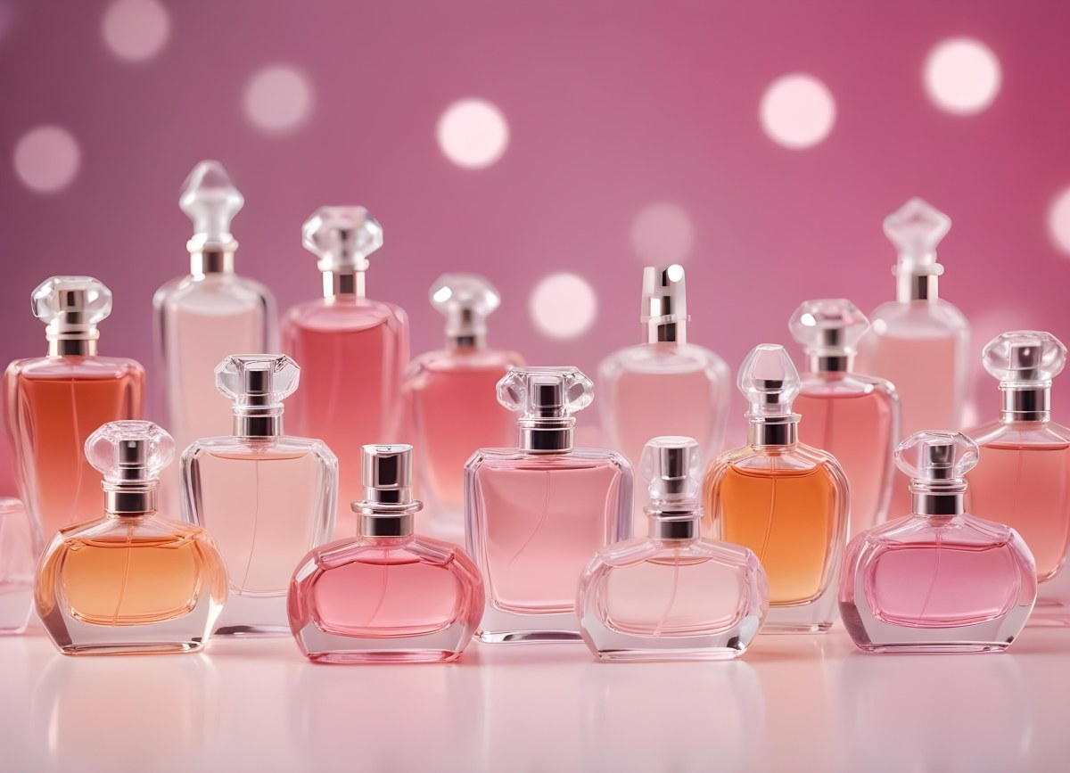 Many Perfume Bottles Of Different Shapes And Colors In A Studio With A Pink And White Bokeh Background 6 Ec99