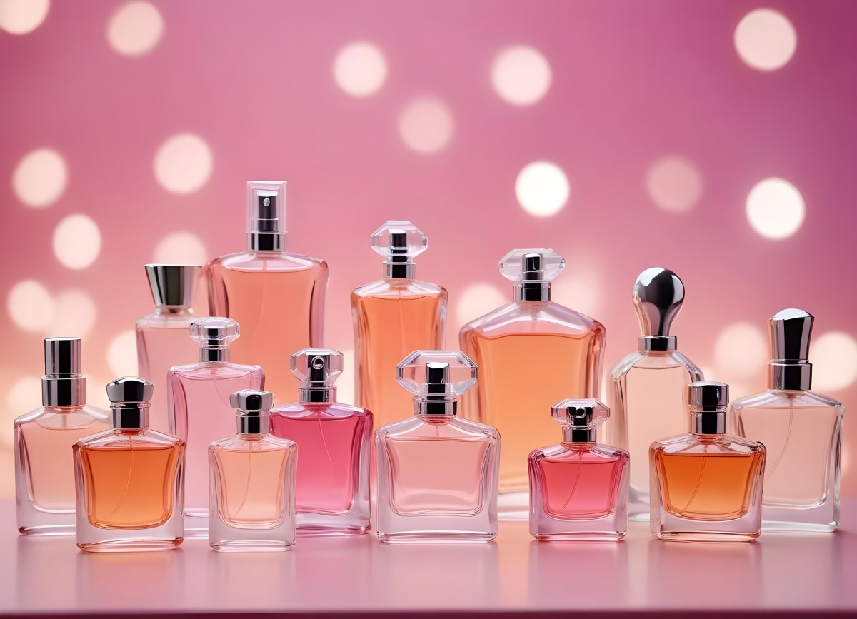 Many Perfume Bottles Of Different Shapes And Colors In A Studio With A Pink And White Bokeh Background 8 C177
