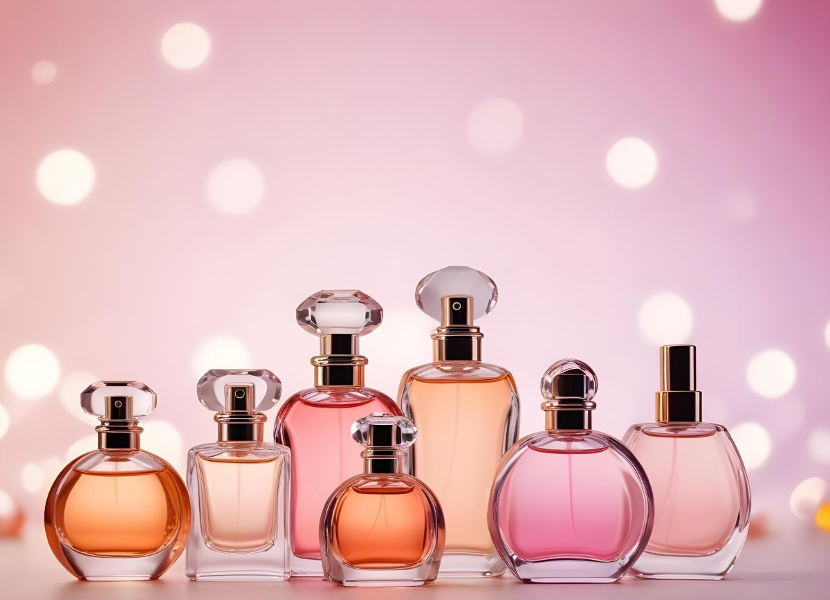 Many Perfume Bottles Of Different Shapes And Colors In A Studio With A Pink And White Bokeh Background 9 76d4