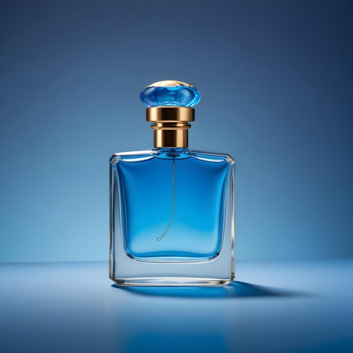 Minimal Soft Studio Light Photography A Blue Glass Perfume Bottle With A Gold Cap Against A Blue Background High Detail Solid Bold Color Background 10 A3de