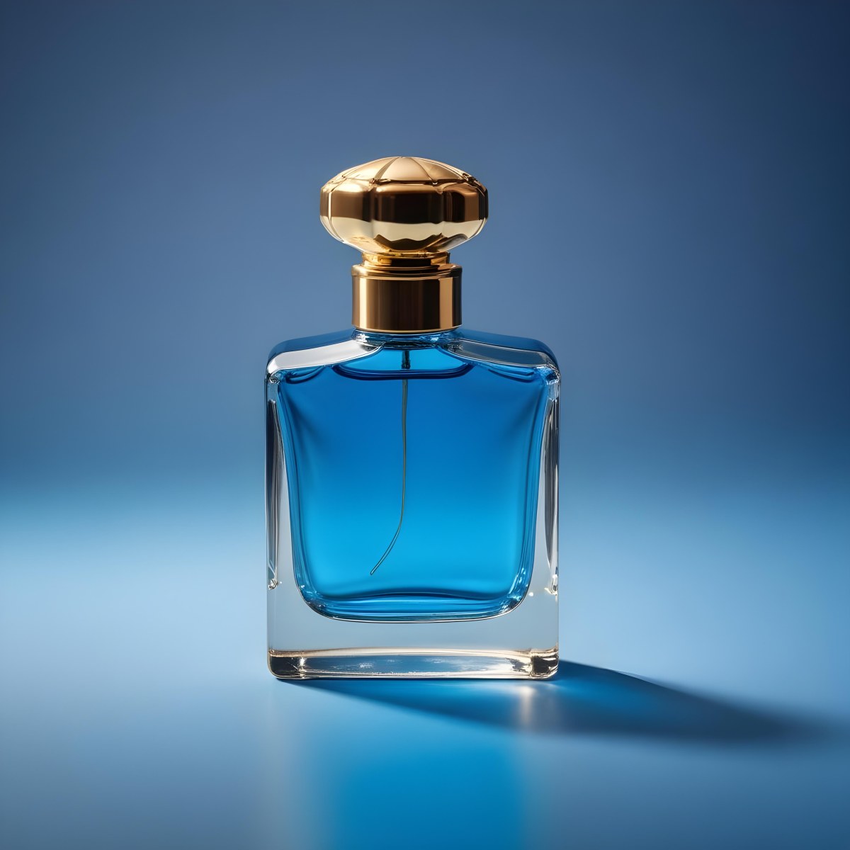 Minimal Soft Studio Light Photography A Blue Glass Perfume Bottle With A Gold Cap Against A Blue Background High Detail Solid Bold Color Background 12 Bbe0
