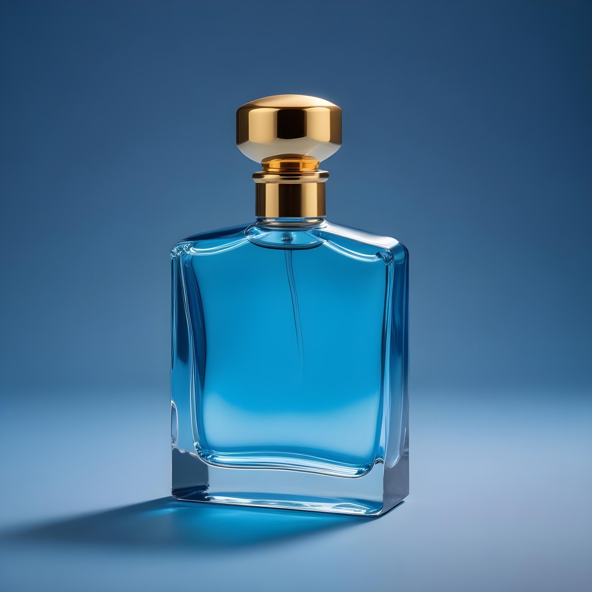 Minimal Soft Studio Light Photography A Blue Glass Perfume Bottle With A Gold Cap Against A Blue Background High Detail Solid Bold Color Background 14 Ac40
