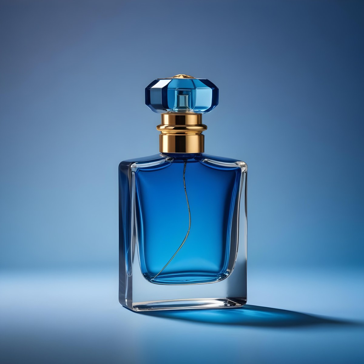 Minimal Soft Studio Light Photography A Blue Glass Perfume Bottle With A Gold Cap Against A Blue Background High Detail Solid Bold Color Background 16 Afc8