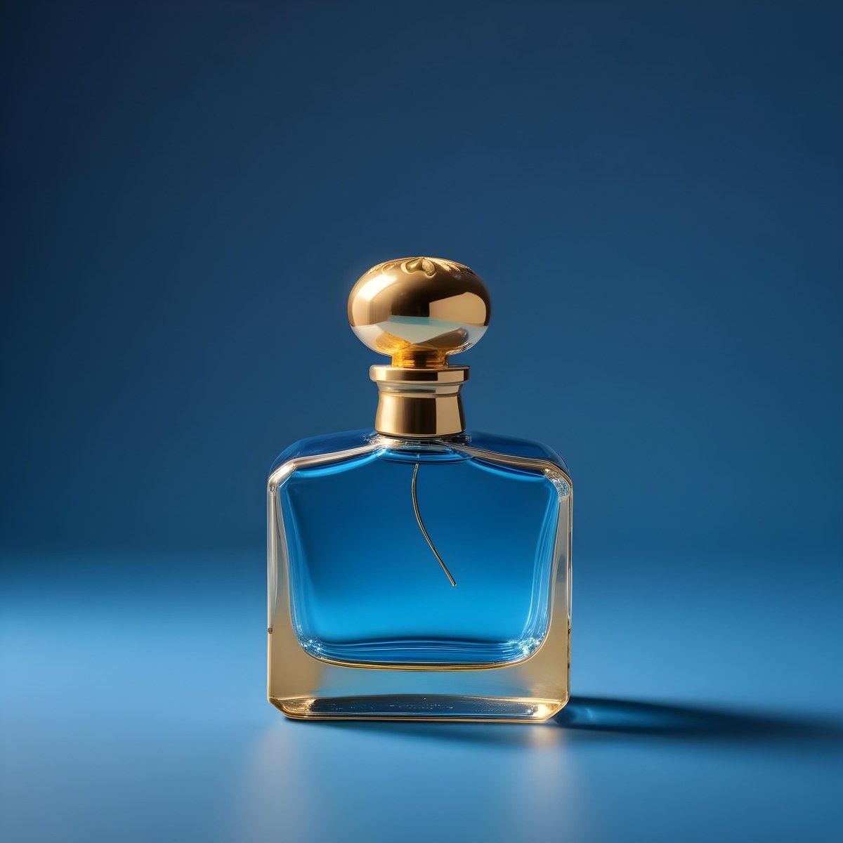 Minimal Soft Studio Light Photography A Blue Glass Perfume Bottle With A Gold Cap Against A Blue Background High Detail Solid Bold Color Background 2 Bb30