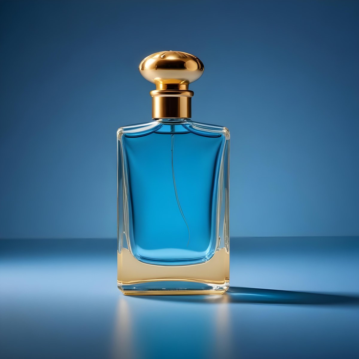 Minimal Soft Studio Light Photography A Blue Glass Perfume Bottle With A Gold Cap Against A Blue Background High Detail Solid Bold Color Background 21 D98a