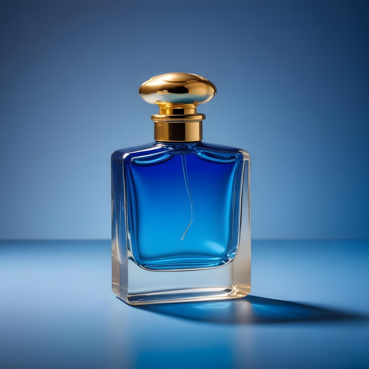 Minimal Soft Studio Light Photography A Blue Glass Perfume Bottle With A Gold Cap Against A Blue Background High Detail Solid Bold Color Background 24 27b5