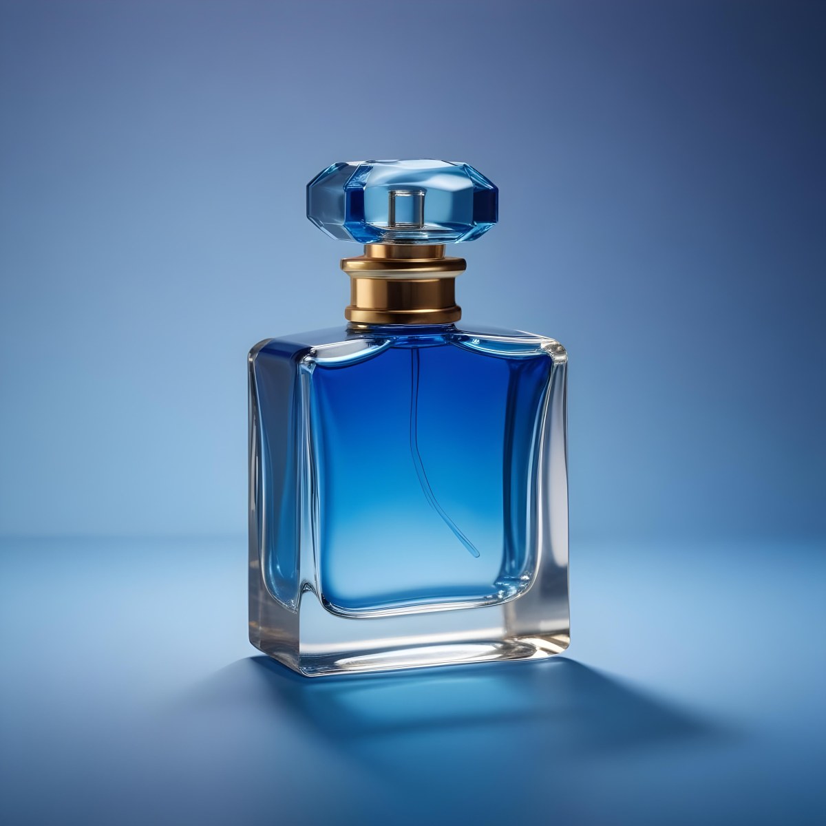 Minimal Soft Studio Light Photography A Blue Glass Perfume Bottle With A Gold Cap Against A Blue Background High Detail Solid Bold Color Background 25 D09f