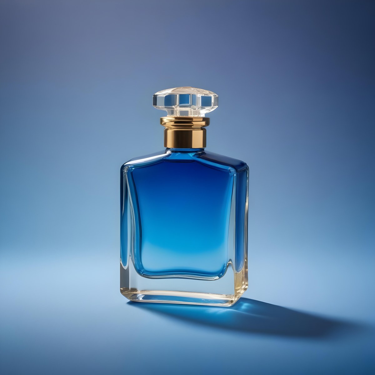 Minimal Soft Studio Light Photography A Blue Glass Perfume Bottle With A Gold Cap Against A Blue Background High Detail Solid Bold Color Background 29 9775