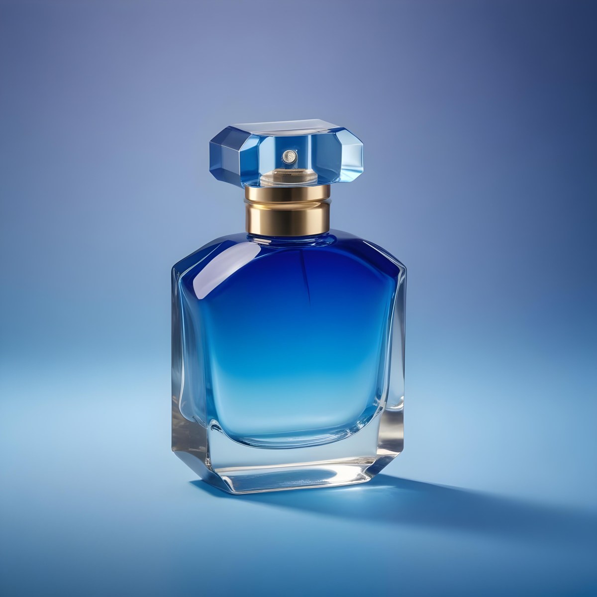 Minimal Soft Studio Light Photography A Blue Glass Perfume Bottle With A Gold Cap Against A Blue Background High Detail Solid Bold Color Background 30 0ee6
