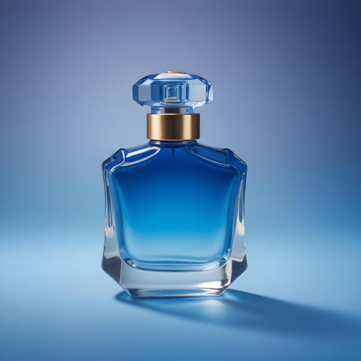 Minimal Soft Studio Light Photography A Blue Glass Perfume Bottle With A Gold Cap Against A Blue Background High Detail Solid Bold Color Background 32 12ab