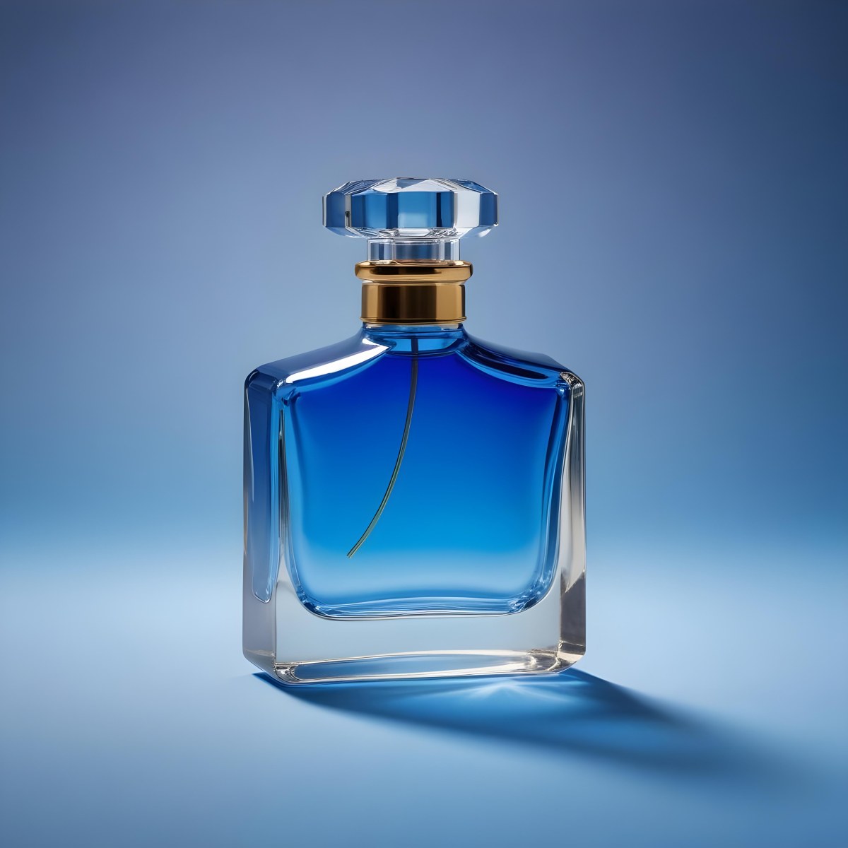 Minimal Soft Studio Light Photography A Blue Glass Perfume Bottle With A Gold Cap Against A Blue Background High Detail Solid Bold Color Background 33 C7a6