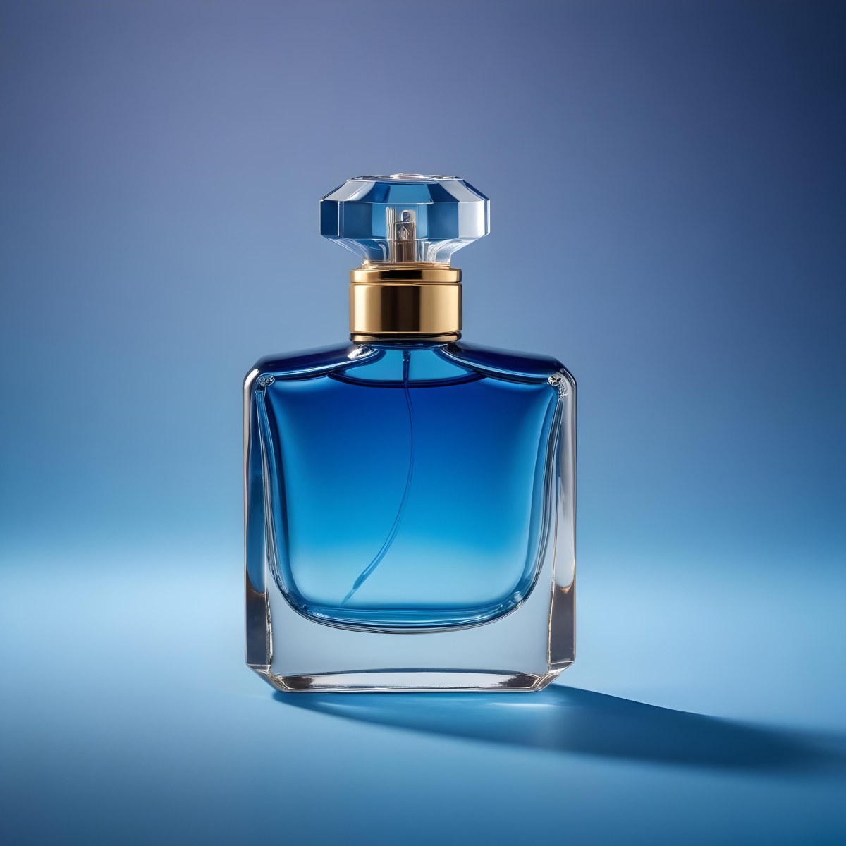 Minimal Soft Studio Light Photography A Blue Glass Perfume Bottle With A Gold Cap Against A Blue Background High Detail Solid Bold Color Background 34 Ae93