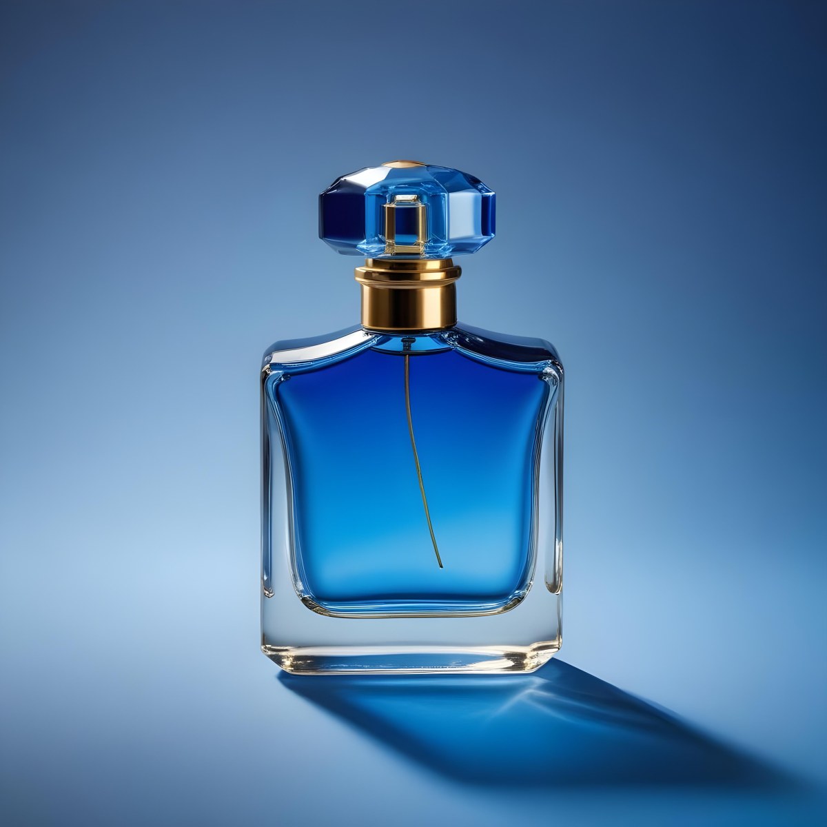 Minimal Soft Studio Light Photography A Blue Glass Perfume Bottle With A Gold Cap Against A Blue Background High Detail Solid Bold Color Background 35 9756