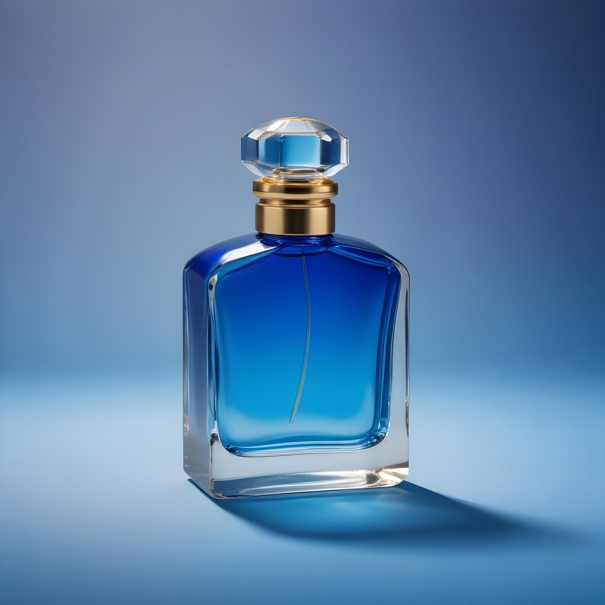 Minimal Soft Studio Light Photography A Blue Glass Perfume Bottle With A Gold Cap Against A Blue Background High Detail Solid Bold Color Background 36 234c