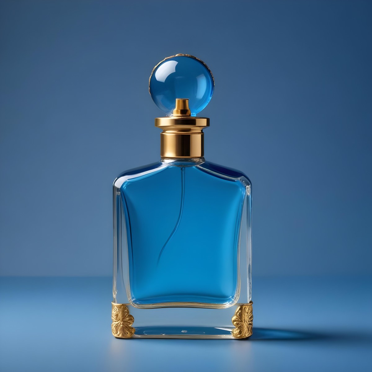 Minimal Soft Studio Light Photography A Blue Glass Perfume Bottle With A Gold Cap Against A Blue Background High Detail Solid Bold Color Background 4 E642