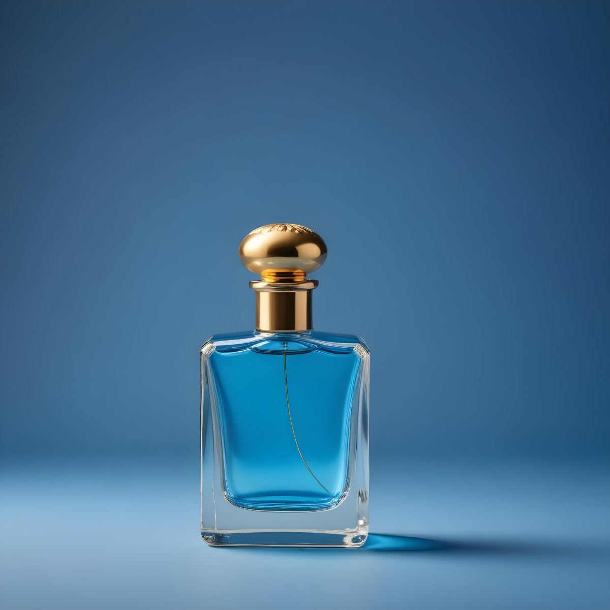 Minimal Soft Studio Light Photography A Blue Glass Perfume Bottle With A Gold Cap Against A Blue Background High Detail Solid Bold Color Background 5 4250