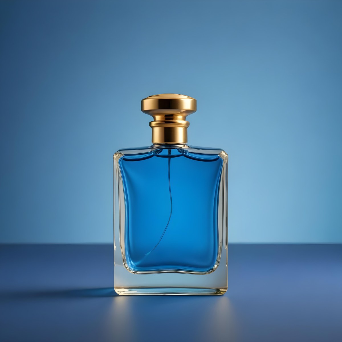 Minimal Soft Studio Light Photography A Blue Glass Perfume Bottle With A Gold Cap Against A Blue Background High Detail Solid Bold Color Background 6 F7cf