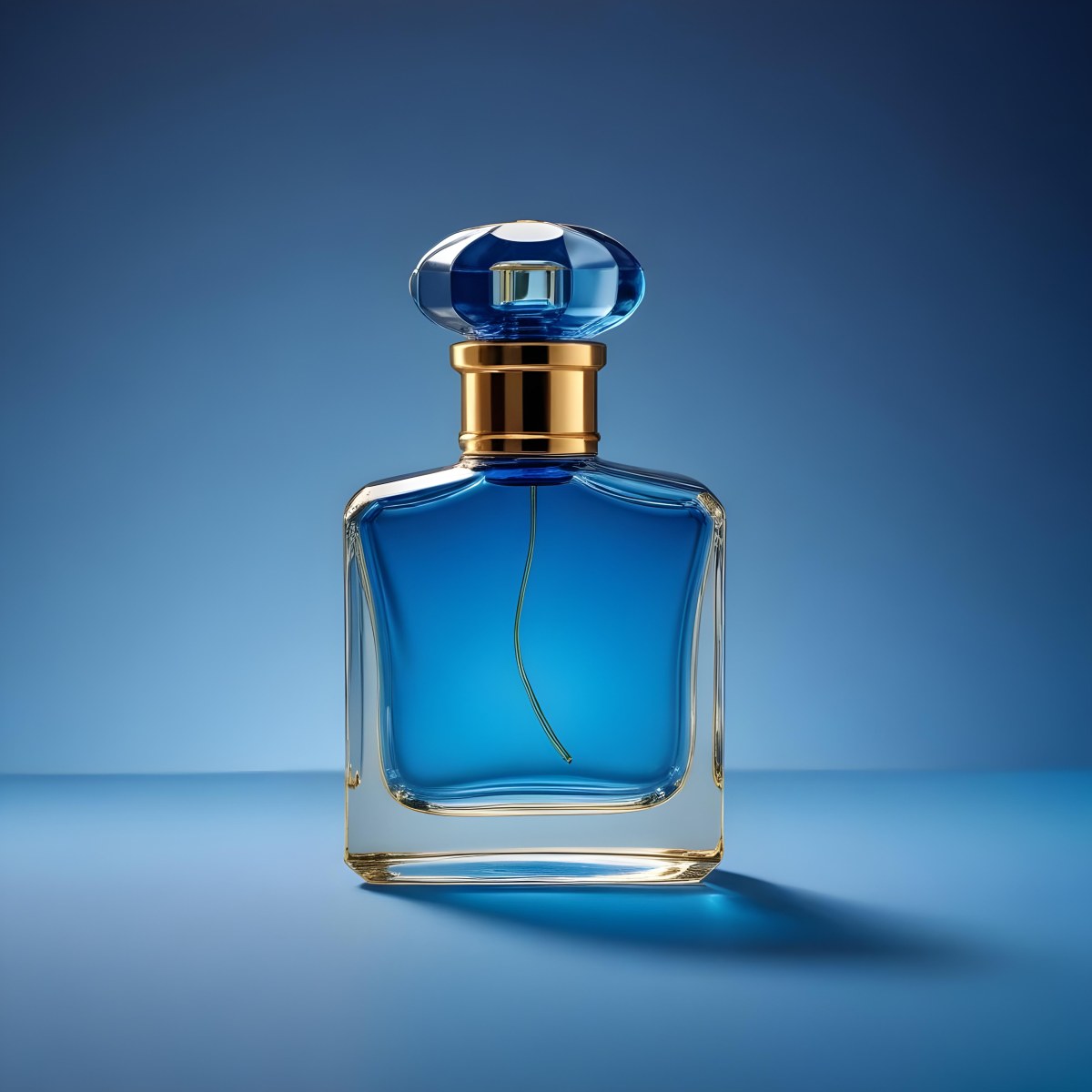 Minimal Soft Studio Light Photography A Blue Glass Perfume Bottle With A Gold Cap Against A Blue Background High Detail Solid Bold Color Background 8 9c0a